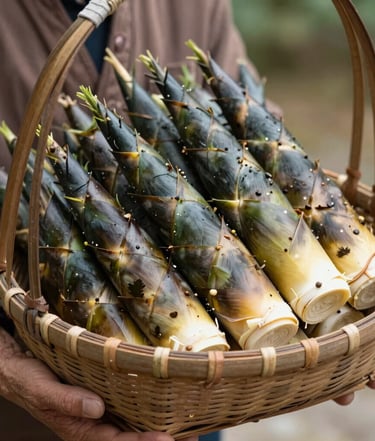 Bamboo stalks vertically rising from a forest floor covered with dry leaves and twigs. The backdrop is filled with lush green foliage, creating a natural and tranquil setting.