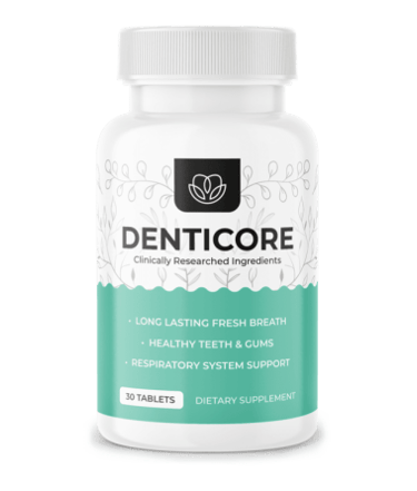 DentiCore dietary supplement bottle for healthy teeth, gums, and fresh breath support.