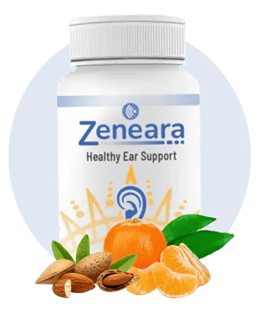 Zeneara Healthy Ear Support supplement bottle with almonds and orange fruit slices.