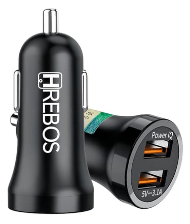Black Hrebos dual USB car charger adapter with 3.1A fast charging Power IQ ports for mobile devices.