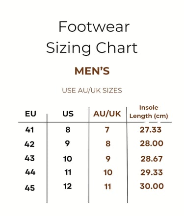 Men's footwear sizing chart showing conversions for EU, US, AU, and UK shoe sizes with insole lengths in centimeters.