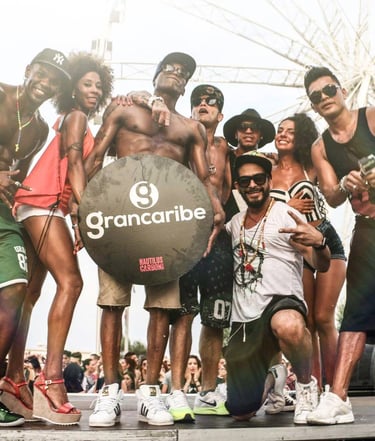 a group of people standing around a giant ball
