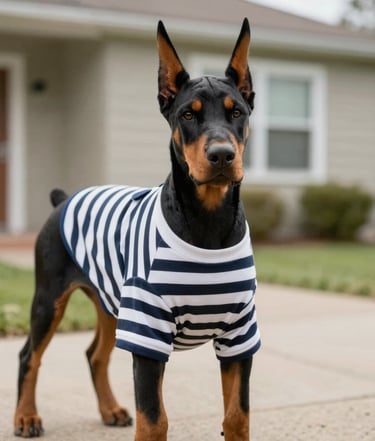 Un Doberman Pinscher negro y fuego, con una camiseta a rayas para perros, de pie frente a una casa.