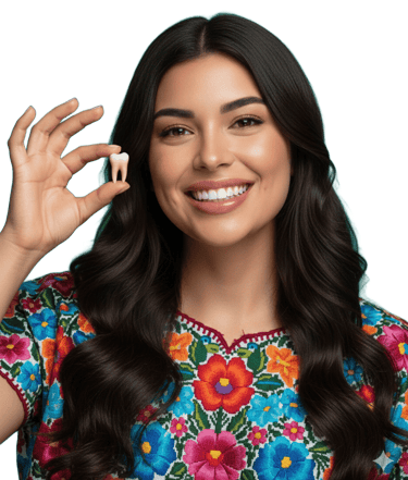 Mujer sonriente sosteniendo una muela extraída, representando extracción de muelas del juicio.
