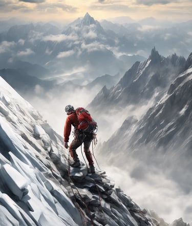 a man in a red jacket is climbing a mountain