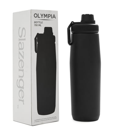 Slazenger Olympia 700ml matte black sports water bottle with its original white branded packaging box.