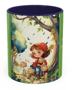 Ccoffee mug with a girl talking to fairy creatures
