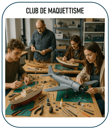 Photo illustrant un club de maquettisme : des jeunes ou adultes autour de tables, construisant des m