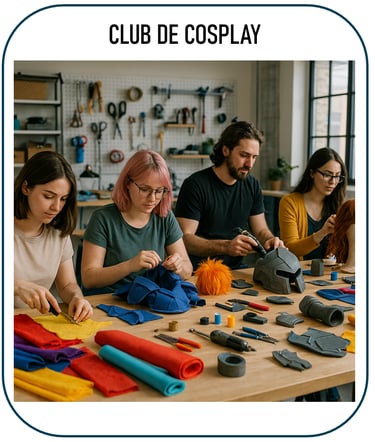 Photo illustrant un club de cosplay : des jeunes ou adultes autour de tables, créant des costumes et