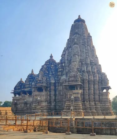 Kandariya Mahadev Temple in Khajuraho, known for its towering shikhara and intricate carvings.