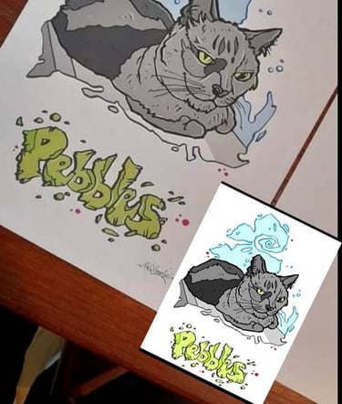 'Pebbles' cat cartoon by artist Peter Willmore