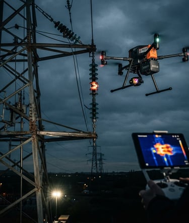 UAV công nghiệp bay giám sát đường dây cao thế, camera nhiệt hiển thị dữ liệu hồng ngoại, ánh sáng công nghiệp tương phản cao, chi tiết kỹ thuật sắc nét.