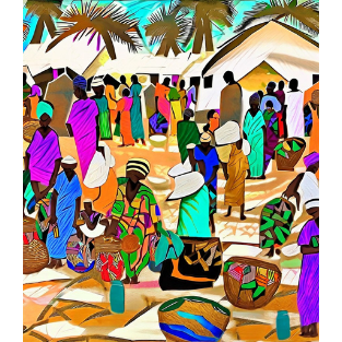 a painting of a coastal market place