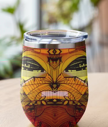 a glass of wine with a colorful pattern on it