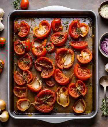 tomatoes and onions on a baking tray