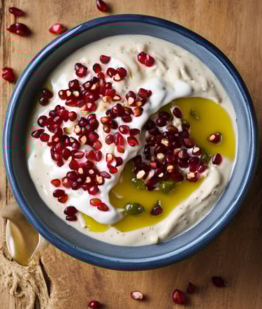 a bowl of mutabbal with pomegranate seeds and olive oil topping