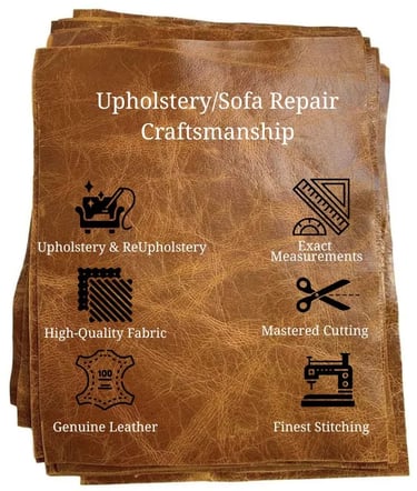 A stack of textured brown leather fabric sheets featuring upholstery and sewing tool icons.