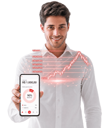 Investidor sorridente segura celular com saldo de R$ 1.000. Projeção holográfica vermelha de Fibonacci acima da tela