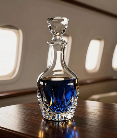 Close-up of a custom crystal decanter on a dark wooden table inside a private jet cabin, warm side-lighting, rich gold reflections, 35mm