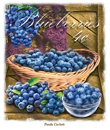 Cachet illustration of blueberries in basket and table