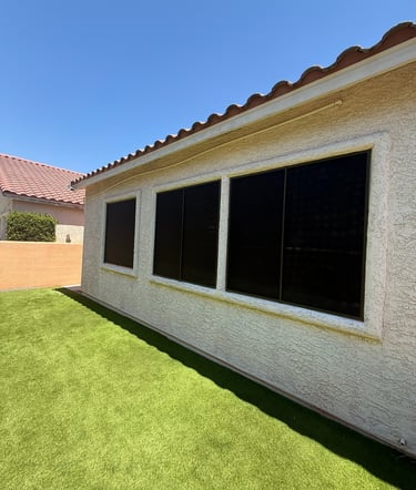 Windows with black solar screens and bronze frames