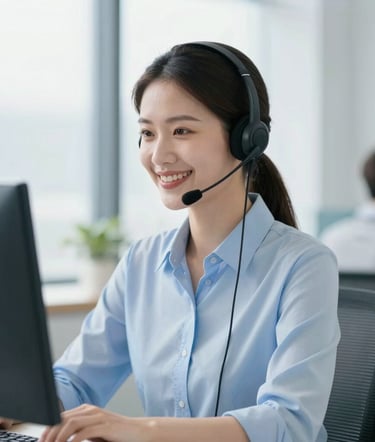 A professional customer service representative with a headset smiling in a bright, modern office, clean blue tones, shallow depth of field, bright daylight.