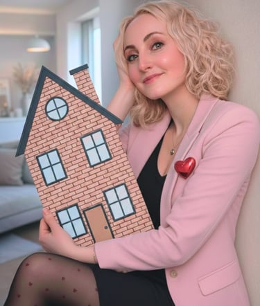 A blonde real estate agent in a pink blazer holding a cardboard house cutout for property marketing.
