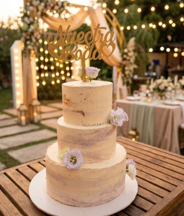 pastel de bodas con tonalidades lilas y flores en una mesa de madera