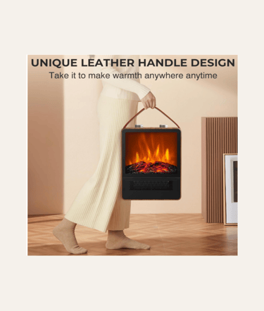 picture of woman carrying a portable fireplace in a cozy room.