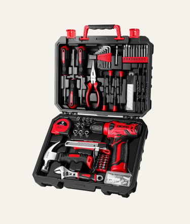 A red and black DEKO power tool kit and hand tool set organized in a durable black carrying case.