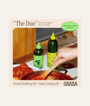 two bottle of Graza Extra Virgin Olive Oil , Sizzle & Drizzle