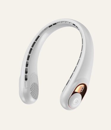 Portable white neck fan with digital battery display and bladeless cooling design for personal travel.