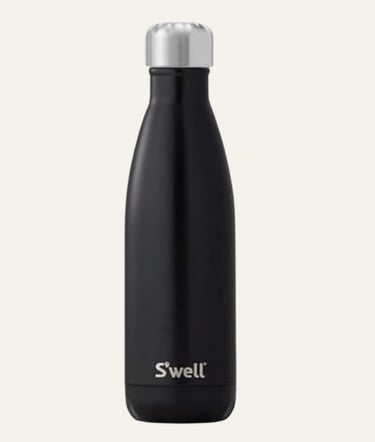A black S'well vacuum-insulated stainless steel water bottle with a silver screw-top cap.