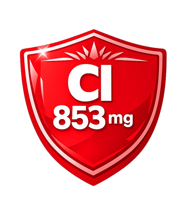 Red shield icon displaying Chloride CI 853 mg mineral supplement dosage on black background.