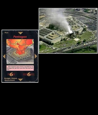 Uma foto de 2001 ao lado da Carta de 1995 mostrando o Pentágono em chamas após o atentado no dia 11/