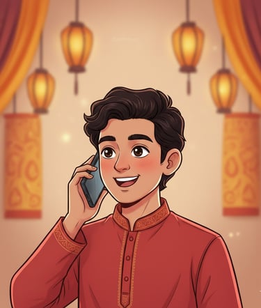 Handsome South Asian man in red kurta talking on smartphone; festive Diwali lanterns in background. 