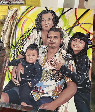 Rosto de familia em pop-art, transmitindo emoções intensas através de formas e cores