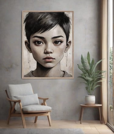 Quadro personalizado de rosto de criança em estilo pop-art com fundo abstrato.