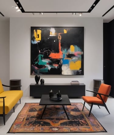 Sala elegante com mesa preta e cadeiras em tons coloridos