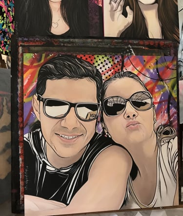 Pintura de casal em pop-art, com detalhes expressivos e estilo contemporâneo