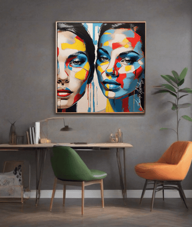 Quadro na parede da sala com design pop-art, criando um ponto focal visualmente cativante