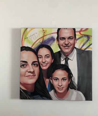 Família em pop-art, com detalhes expressivos e estilo contemporâneo