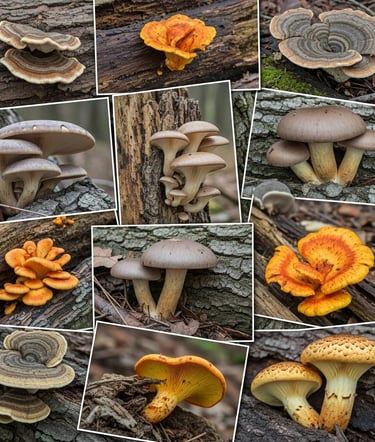 a bunch of mushrooms growing on a tree branch