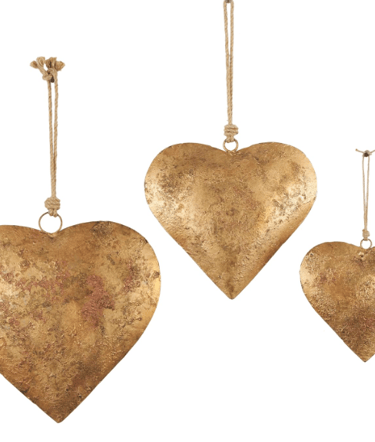 Deco 79 Metal Heart Decorative Bell with Hanging Rope, Set of 3 20", 17", 12"H, Gold