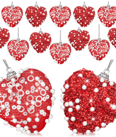 Halloscume 12 Pcs Valentine's Day Heart Ornaments Glitter Sequin Heart Shaped Baubles Decoration Val