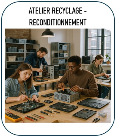 Photo illustrant un atelier de reconditionnement d’ordinateurs : jeunes ou adultes autour de tables,