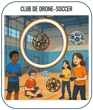 Image illustrant un club de drone soccer : des jeunes réunis dans un gymnase ou une grande salle, pi
