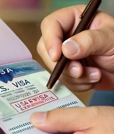 Close-up de uma pessoa segurando um passaporte com um visto americano, apontando para a data de expi