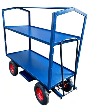 Industrial blue steel order picking trolley with two shelves and heavy-duty pneumatic tires for warehouse logistics.