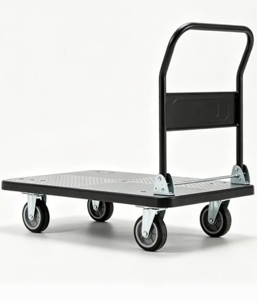 Heavy-duty black platform push cart with four swivel wheels and a folding handle for moving cargo.